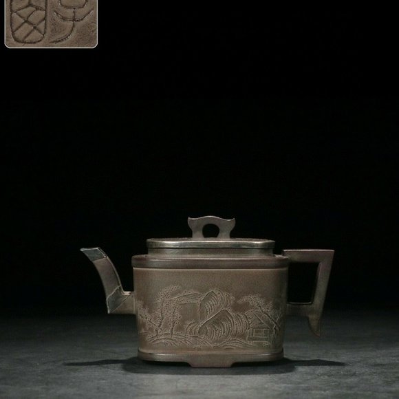 Collectible Zisha Clay Teapot Mud Painting Style bu Ji Shan H8.3*14.8*7.8cm - Picture 2 of 9